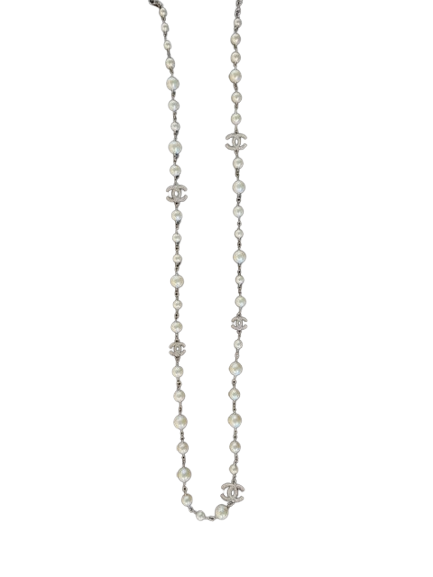 Chanel Pearl CC Logo Long Necklace - Silver