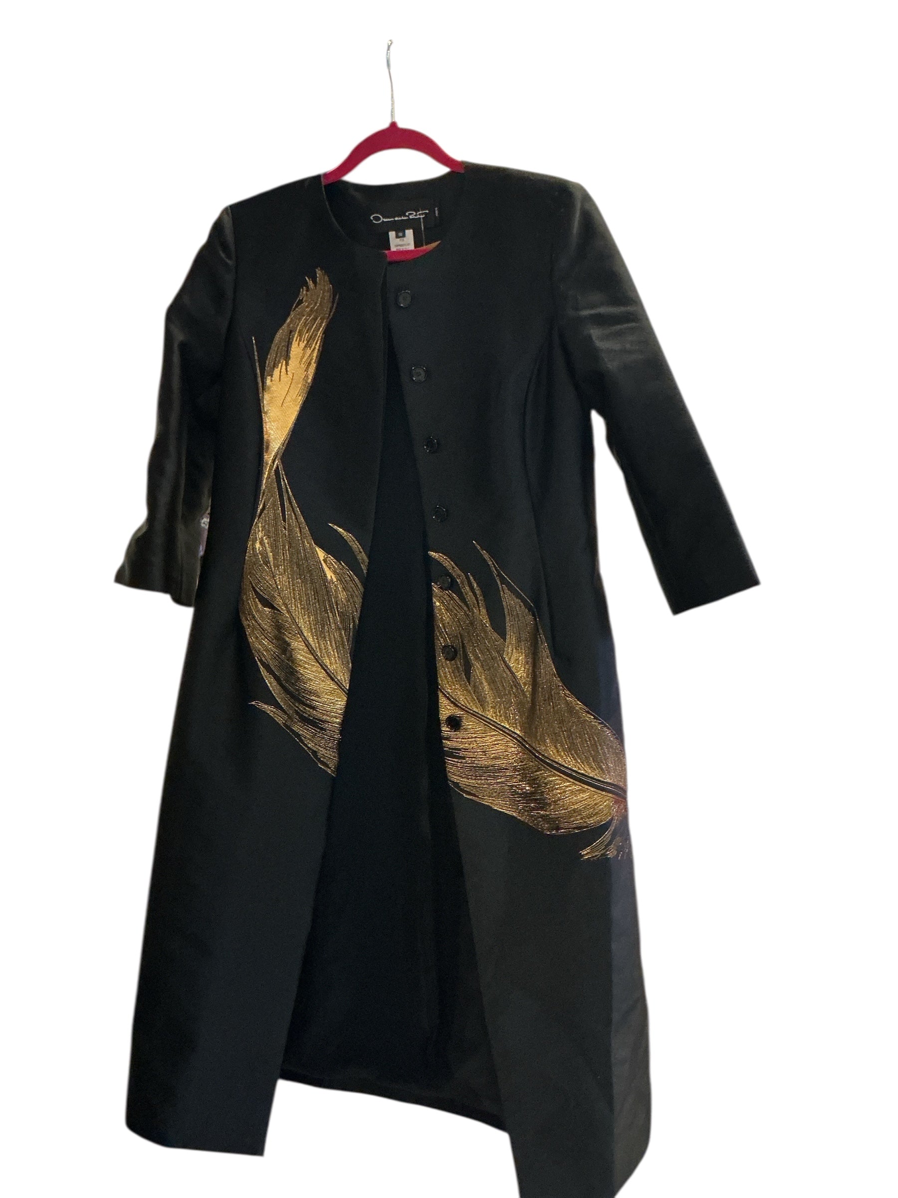 Oscar de la Renta Black Coat with Gilded Feather Motif